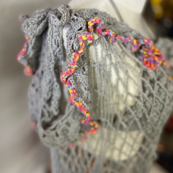 GRAY BIKINI AND SWIM COVER SET WITH MULTI COLORED TASSELS - Picture 14 of 17